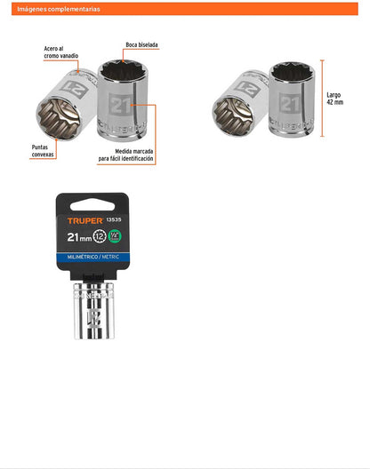 Dado 21 mm 12p cuadro 1/2pulg