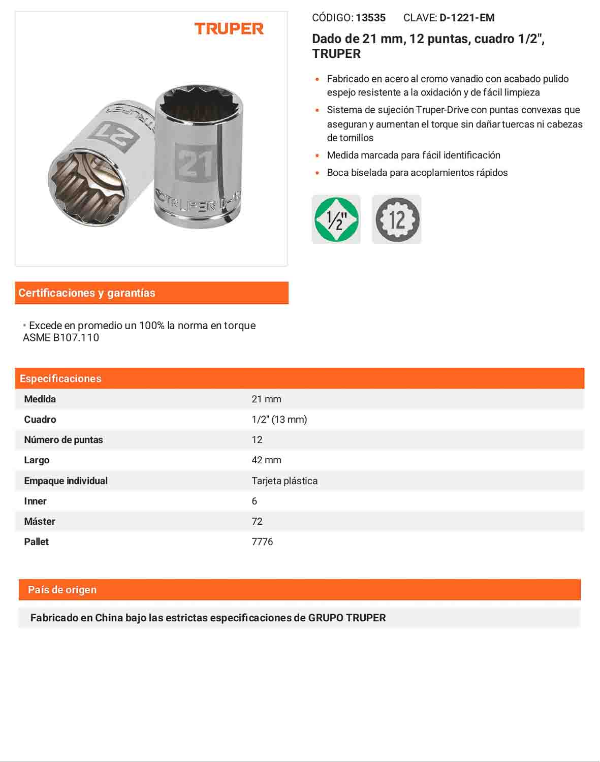 Dado 21 mm 12p cuadro 1/2pulg