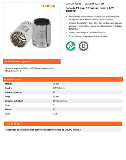 Dado 21 mm 12p cuadro 1/2pulg