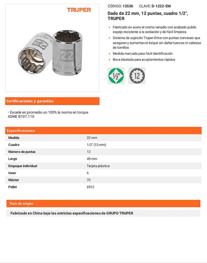 Dado 22 mm 12p cuadro 1/2pulg