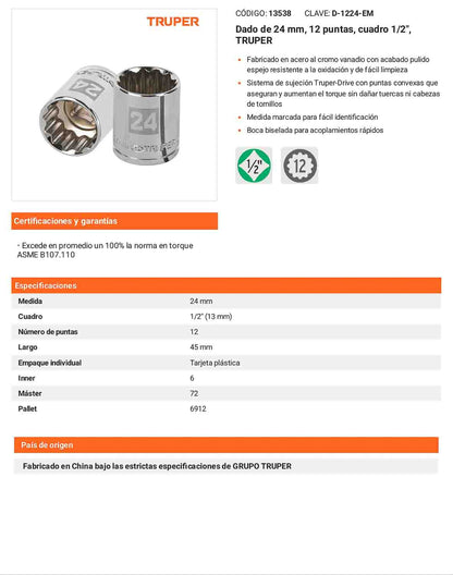 Dado 24 mm 12p cuadro 1/2pulg