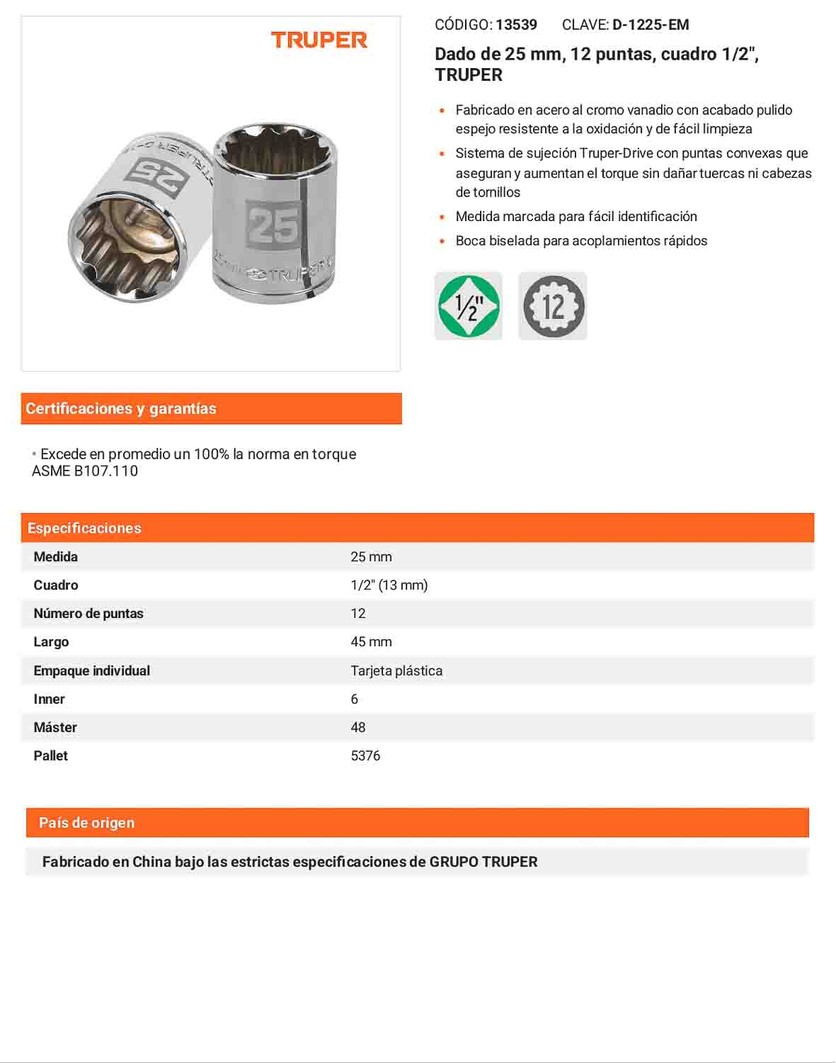 Dado 25 mm 12p cuadro 1/2pulg