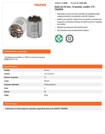 Dado 25 mm 12p cuadro 1/2pulg