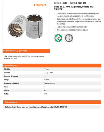 Dado 27 mm 12p cuadro 1/2pulg