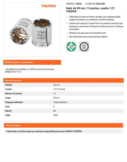 Dado 28 mm 12p cuadro 1/2pulg