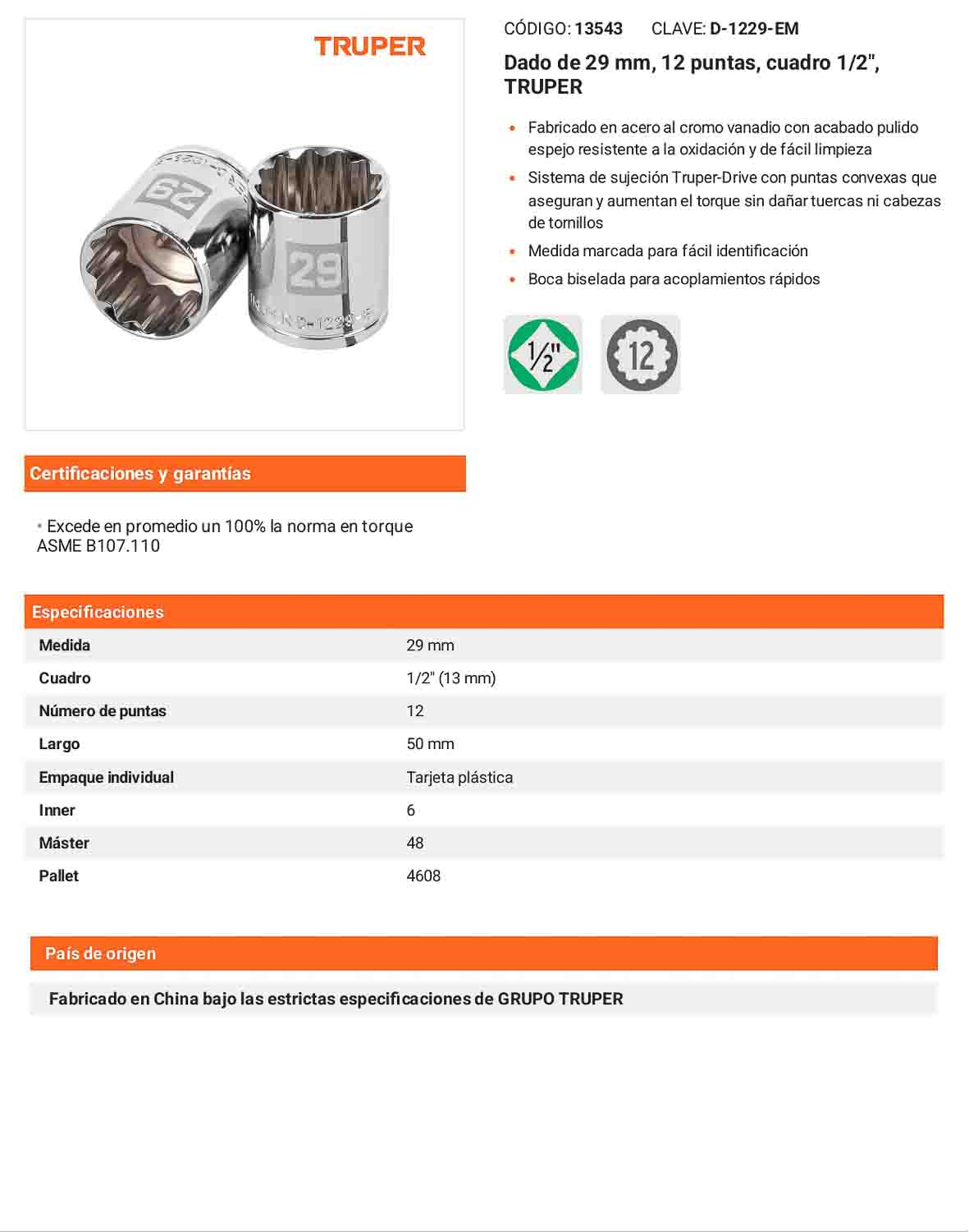 Dado 29 mm 12p cuadro 1/2pulg
