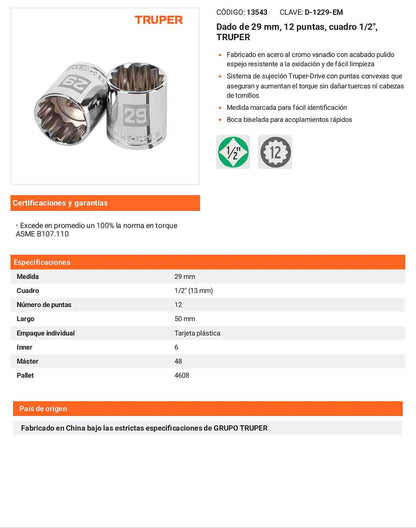Dado 29 mm 12p cuadro 1/2pulg