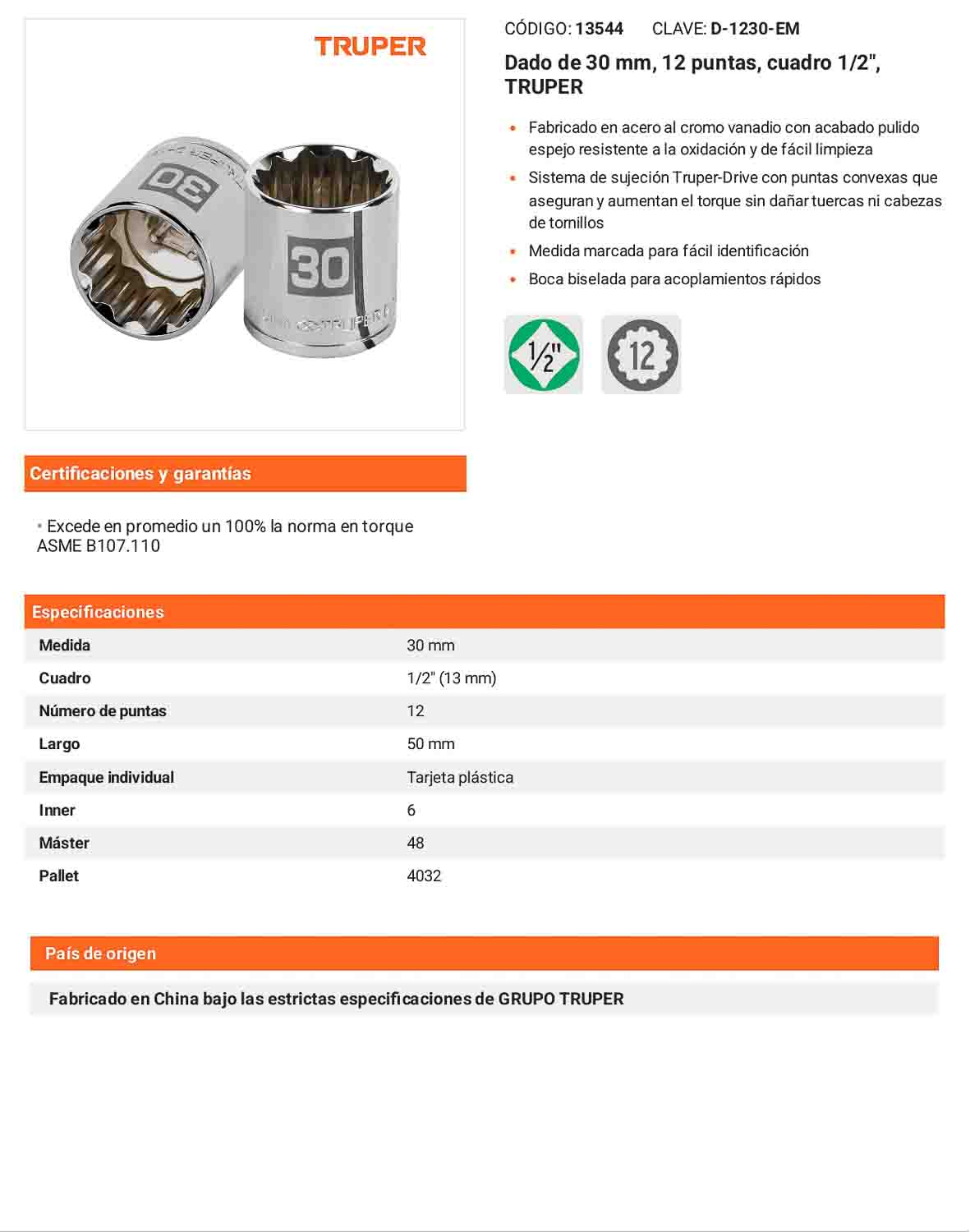 Dado 30 mm 12p cuadro 1/2pulg