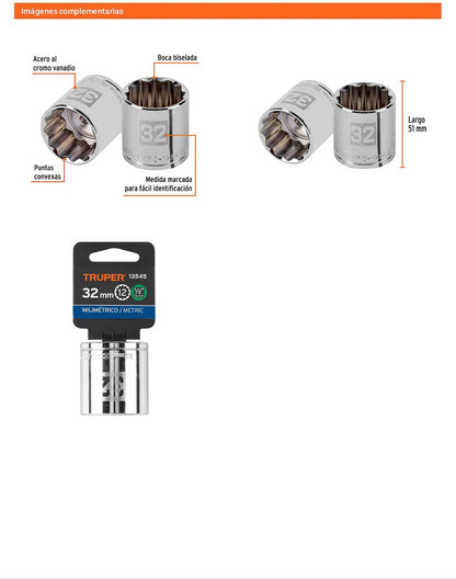 Dado 32 mm 12p cuadro 1/2pulg