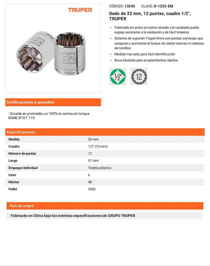 Dado 32 mm 12p cuadro 1/2pulg