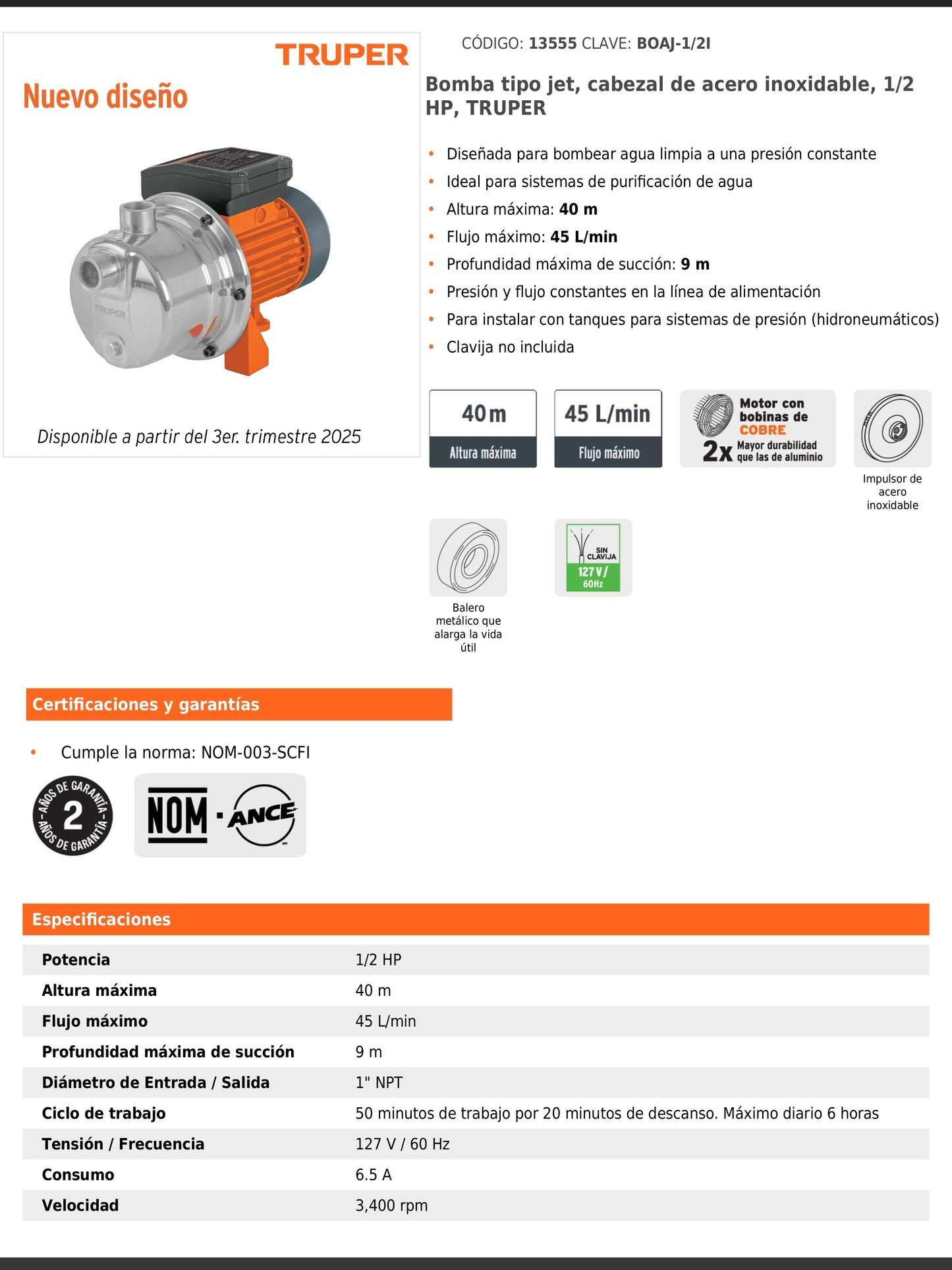 Bomba tipo jet de acero inoxidable de 1/2 HP