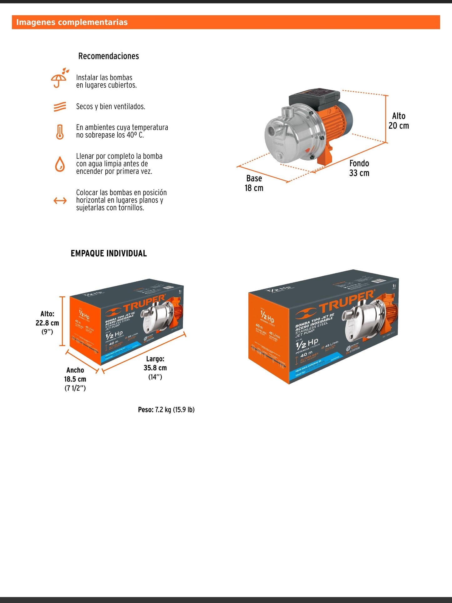 Bomba tipo jet de acero inoxidable de 1/2 HP