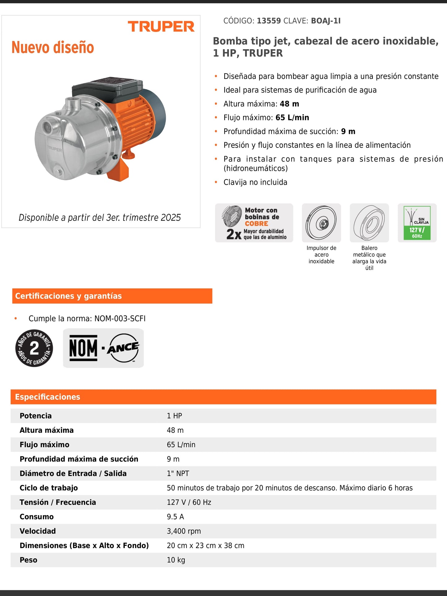 Bomba tipo jet de acero inoxidable de 1 HP