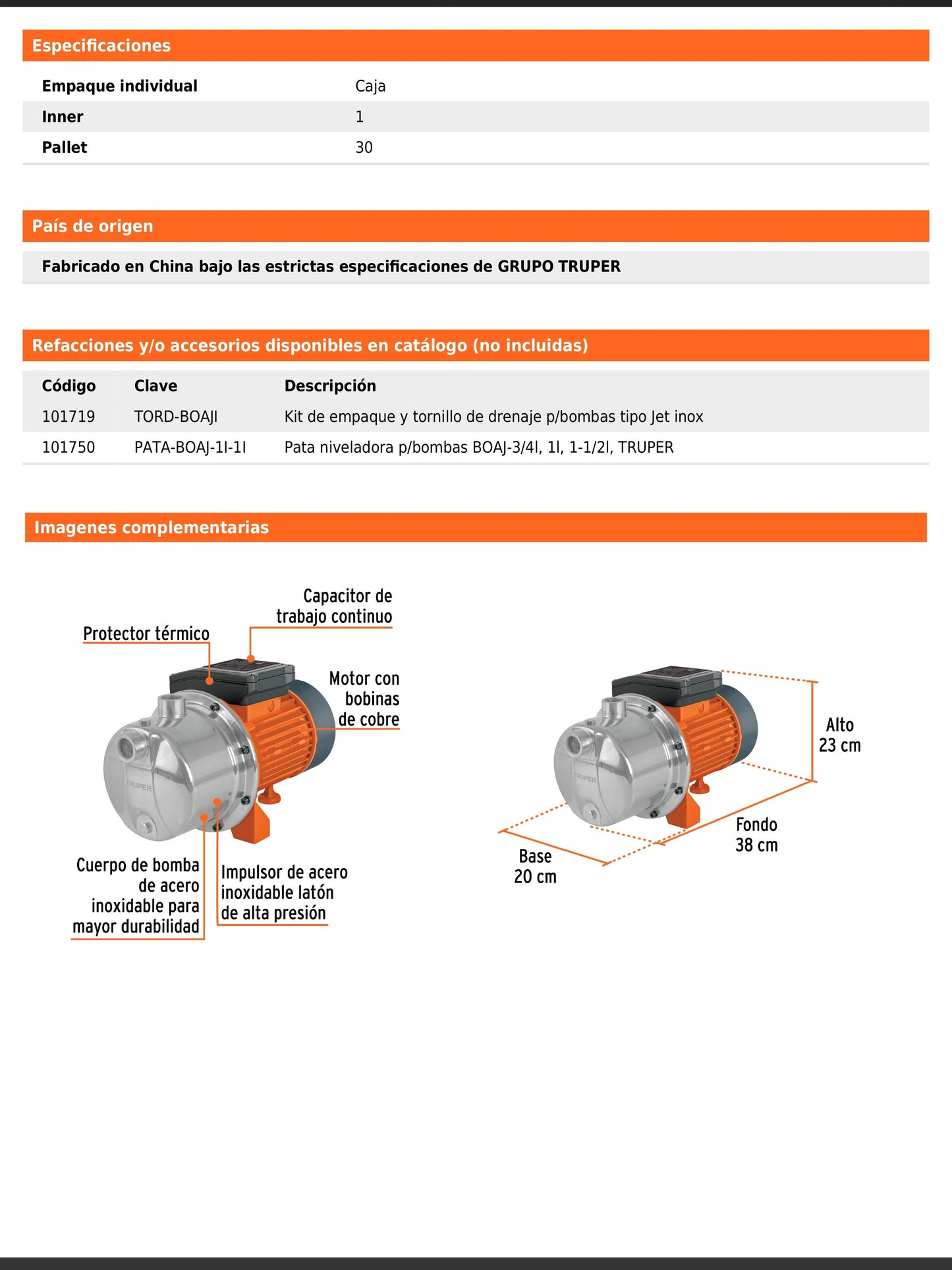 Bomba tipo jet de acero inoxidable de 1 HP