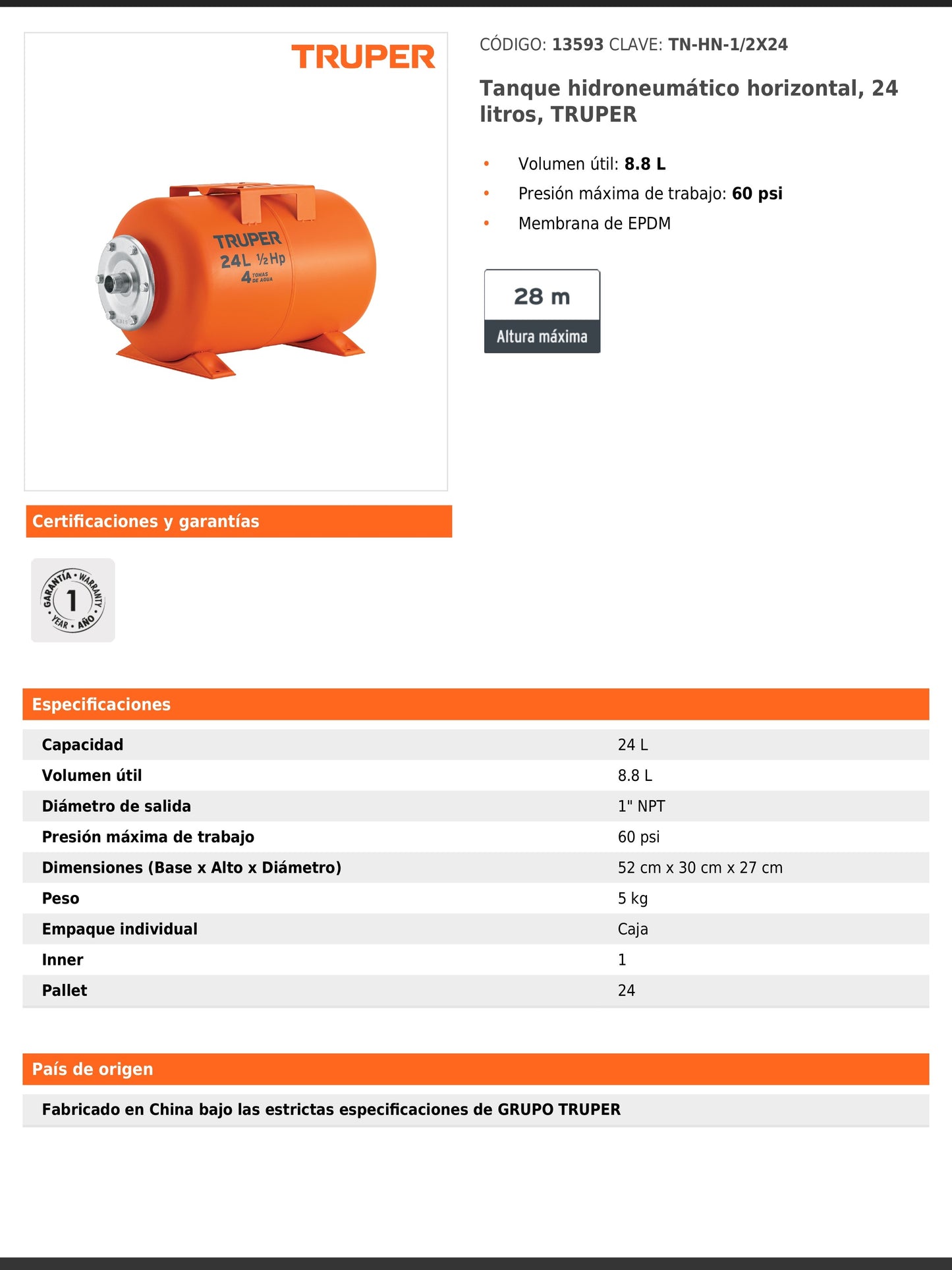 Tanque hidroneumático horizontal de 24 litros