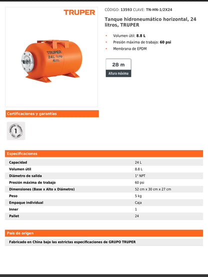 Tanque hidroneumático horizontal de 24 litros
