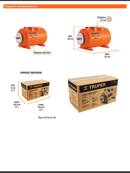 Tanque hidroneumático horizontal de 24 litros