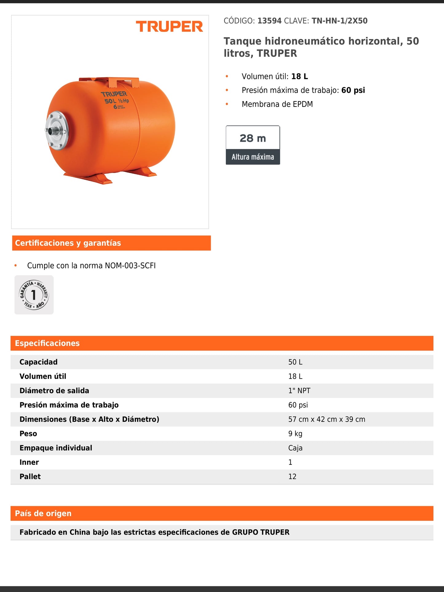 Tanque hidroneumático horizontal de 50 litros
