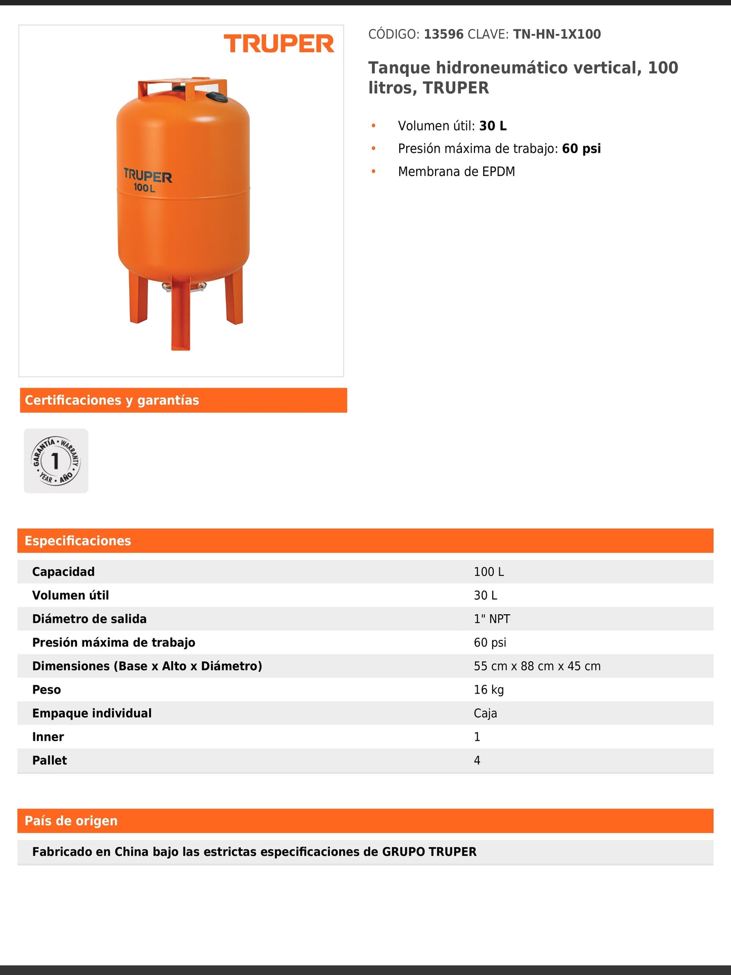 Tanque hidroneumático vertical de 100 litros