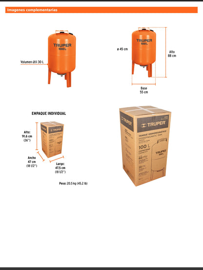 Tanque hidroneumático vertical de 100 litros