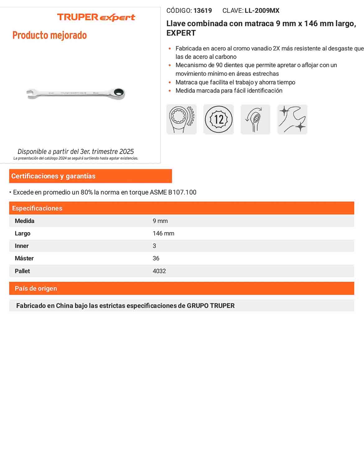 Llave combinada con matraca 9 mm