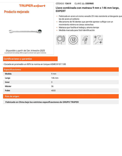 Llave combinada con matraca 9 mm