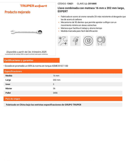Llave combinada con matraca 16 mm