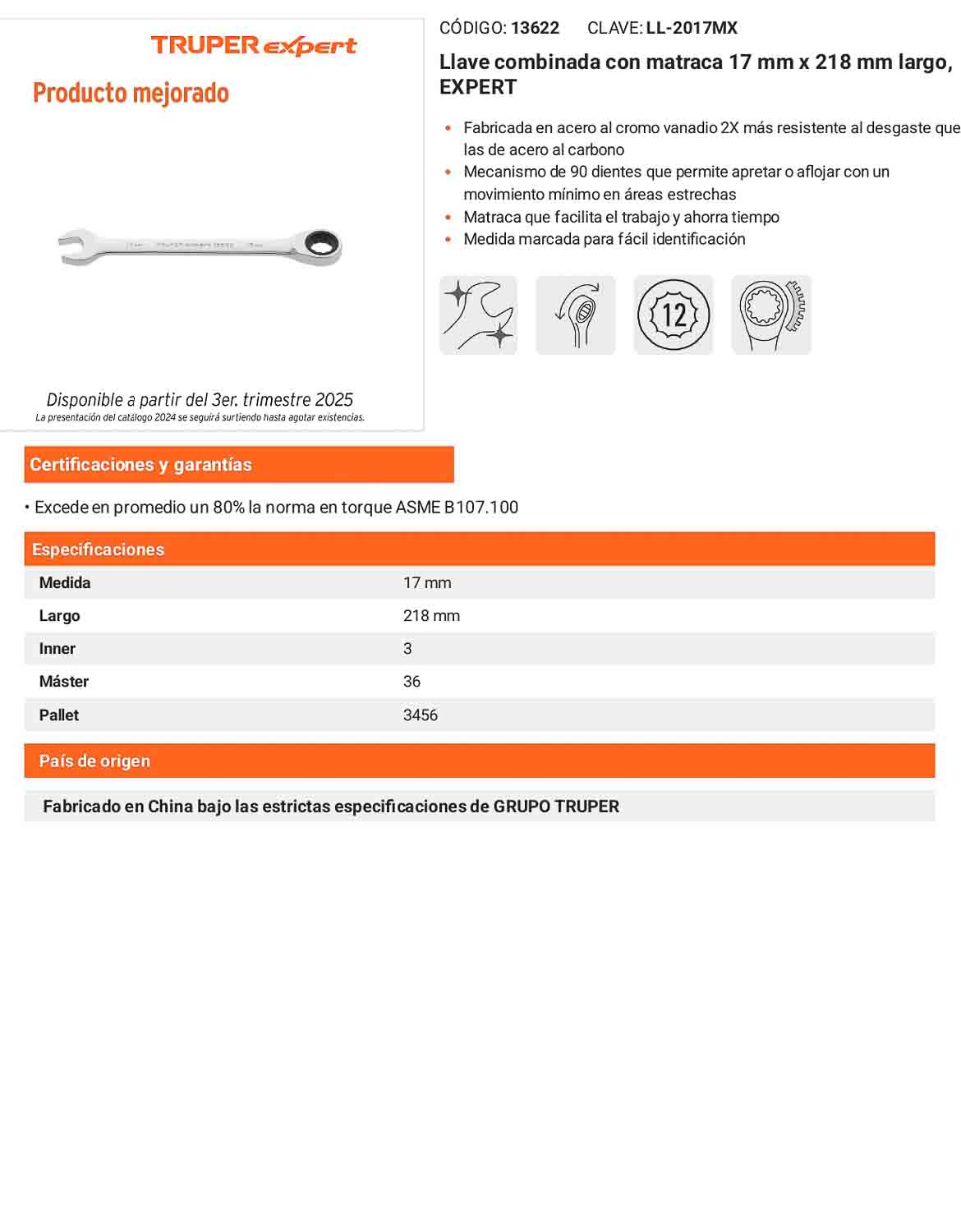 Llave combinada con matraca 17 mm