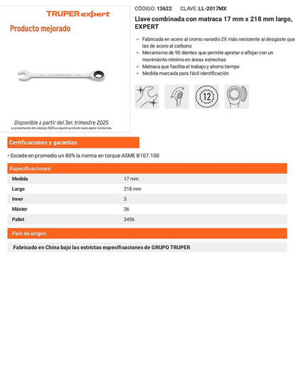 Llave combinada con matraca 17 mm