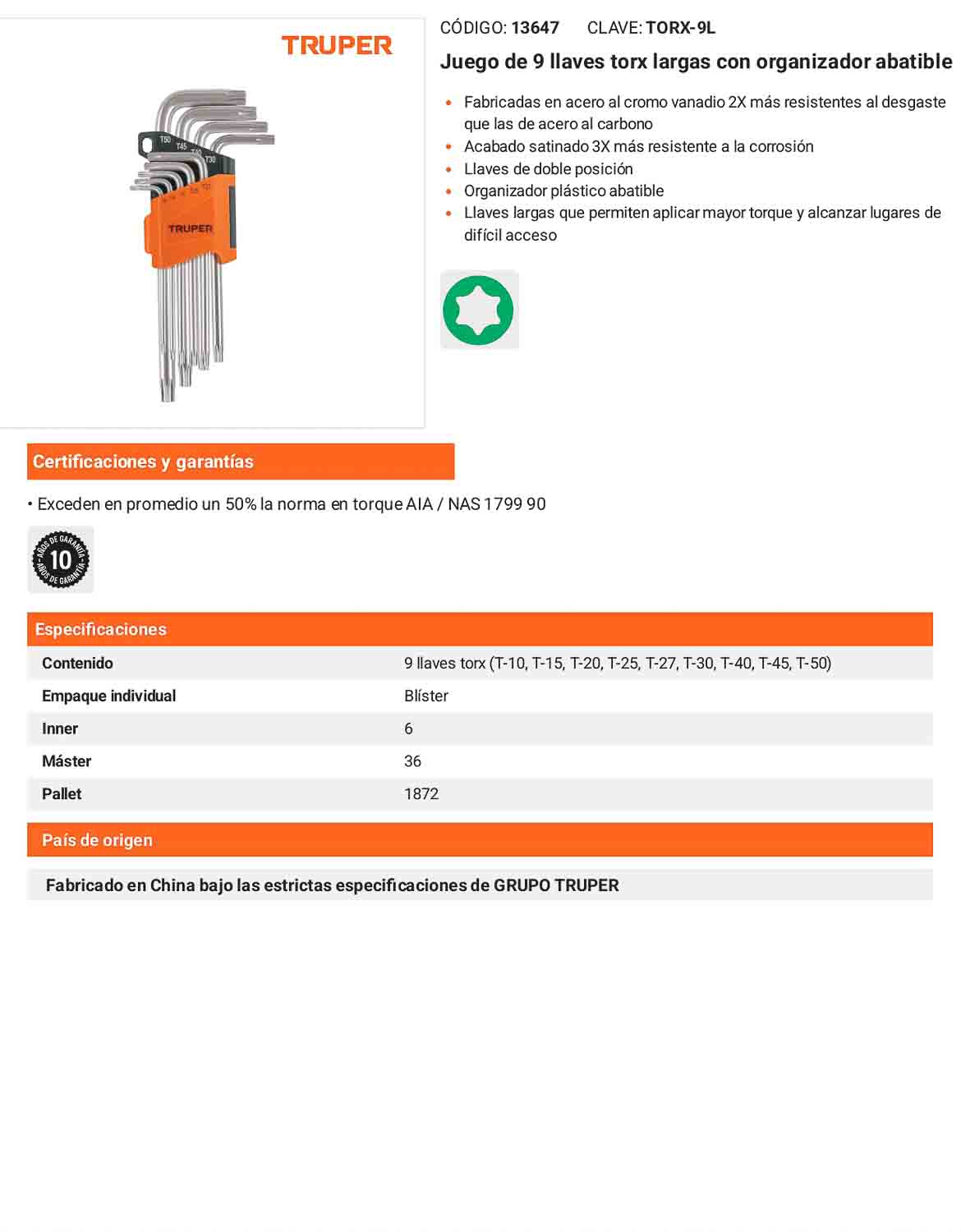 Juego 9 Llaves Torx Largas con Organizador