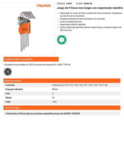 Juego 9 Llaves Torx Largas con Organizador