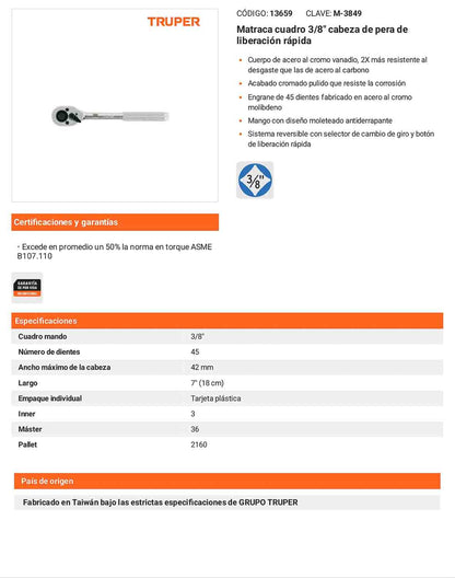 Matraca cuadro 3/8pulg cabeza pera liberación rápida