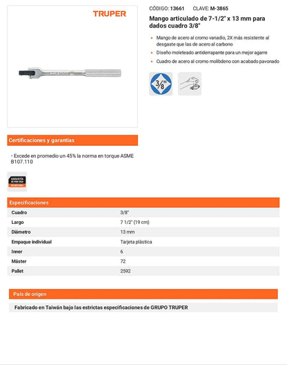 Mango articulado cuadro 3/8pulg largo 7 1/2pulg