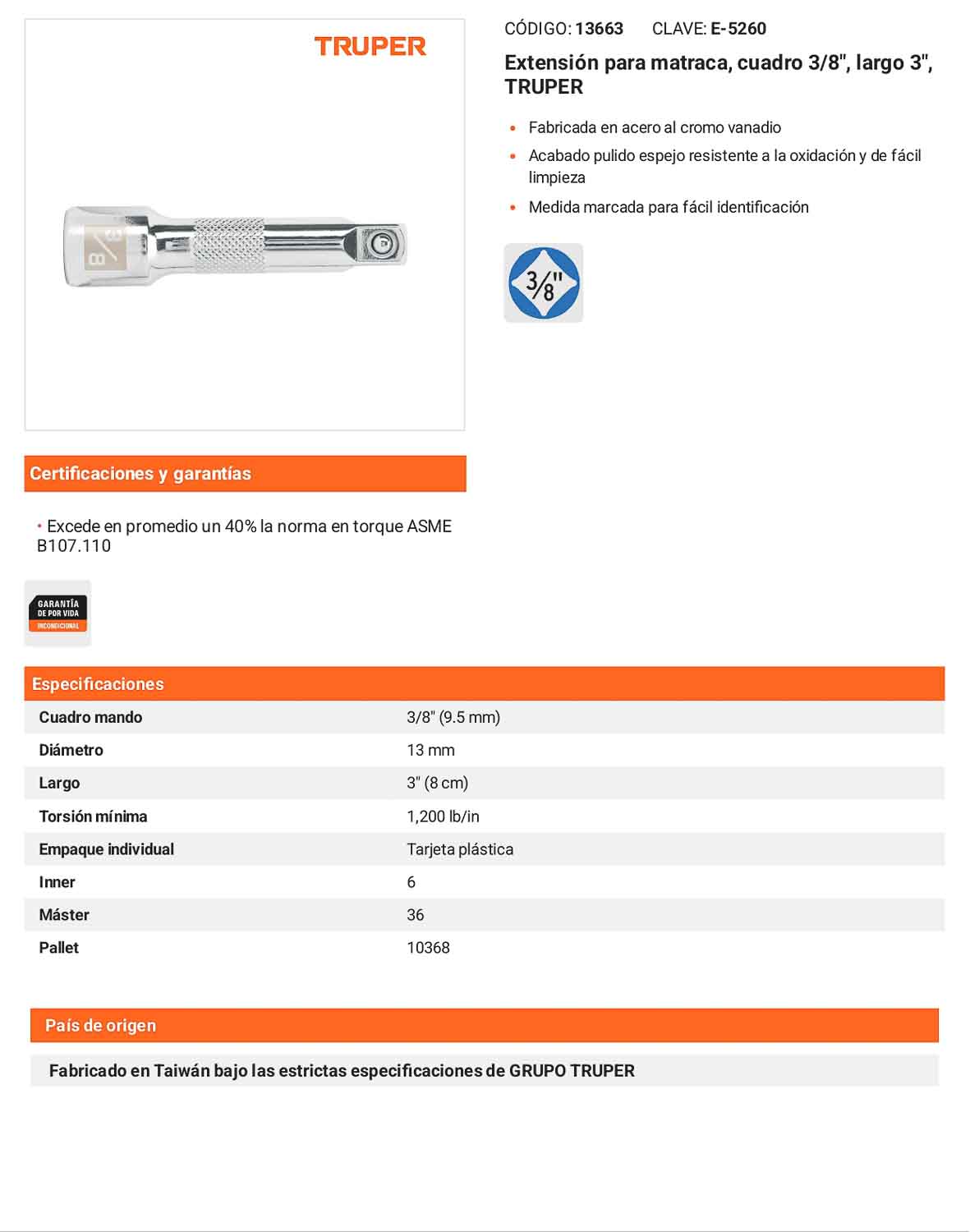 Extensión matraca cuadro 3/8 pulg 3 pulg