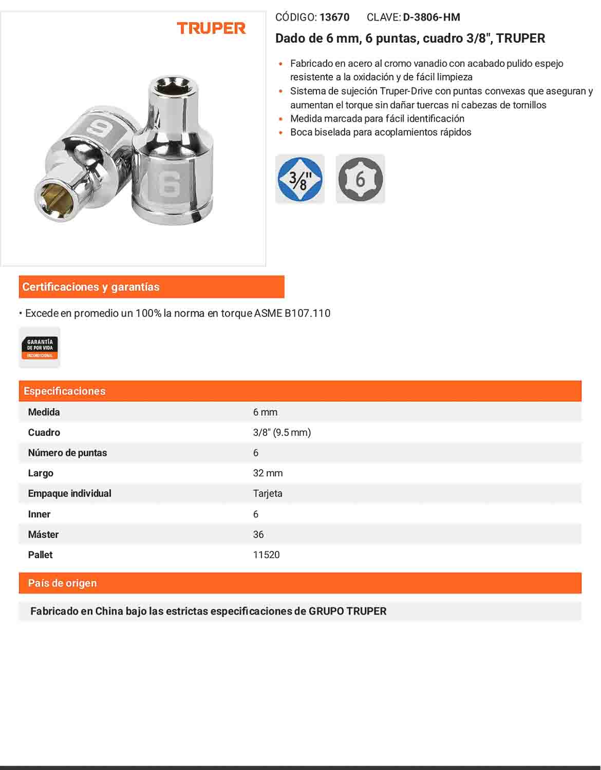 Dado 6 mm cuadro 3/8 pulg
