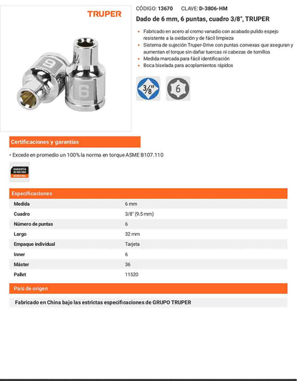 Dado 6 mm cuadro 3/8 pulg