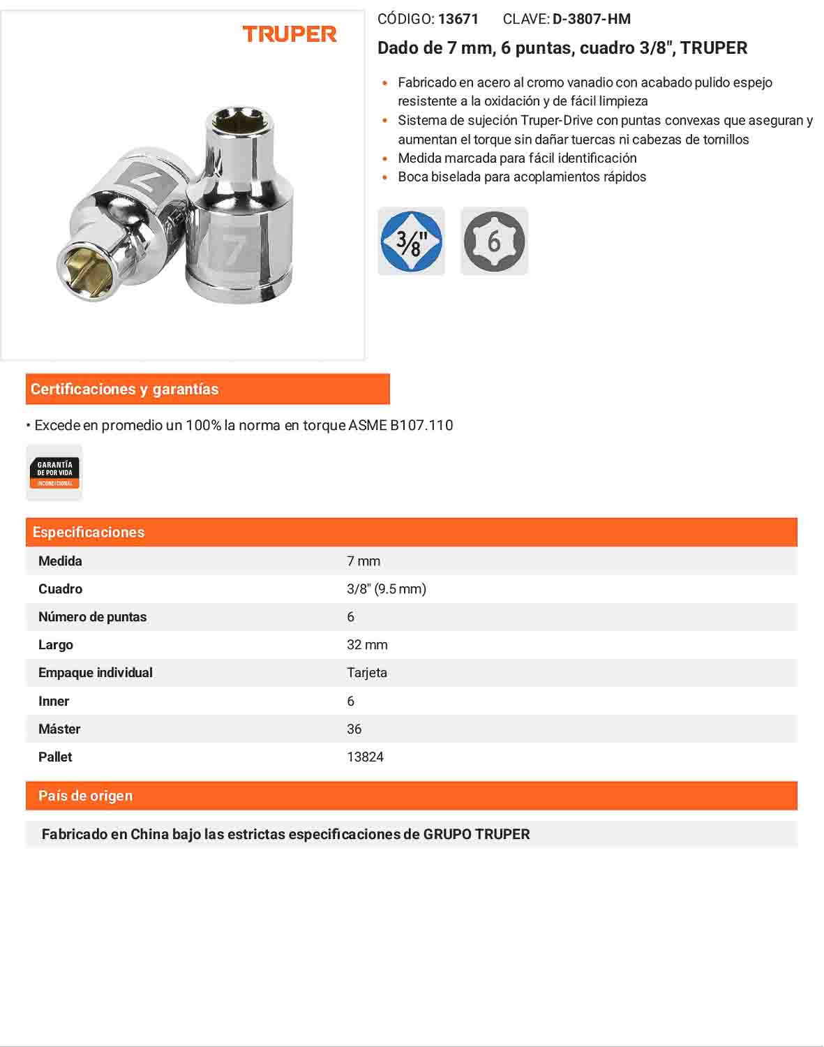 Dado 7 mm cuadro 3/8 pulg