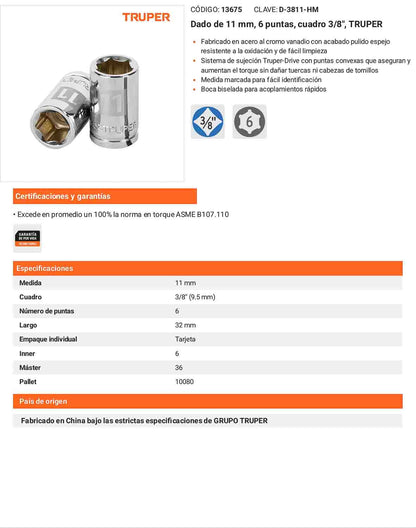 Dado 11 mm cuadro 3/8 pulg