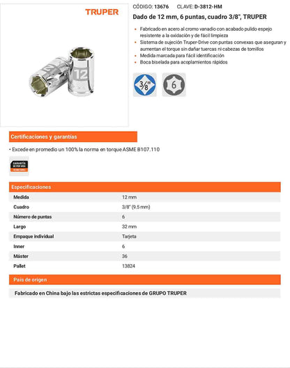 Dado 12 mm cuadro 3/8 pulg