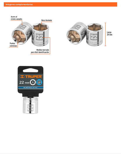 Dado 22 mm cuadro 3/8 pulg