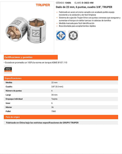 Dado 22 mm cuadro 3/8 pulg