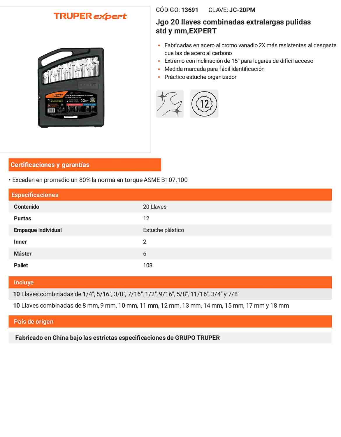 Juego 20 llaves combinadas extralargas pulidas