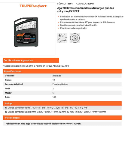 Juego 20 llaves combinadas extralargas pulidas