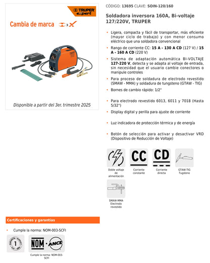 Soldadora inversora de 160 A Bi-voltaje 127/220 V con display digital y función TIG