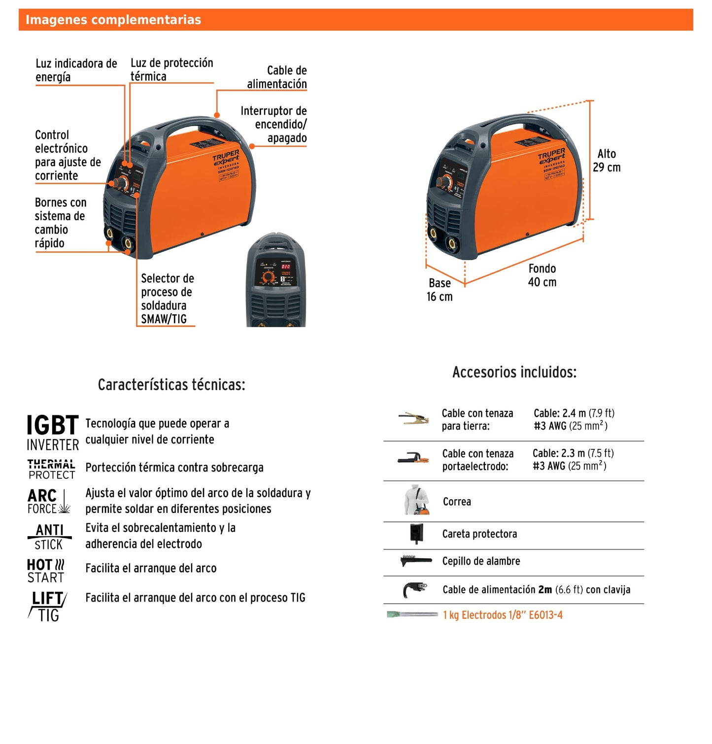 Soldadora inversora de 160 A Bi-voltaje 127/220 V con display digital y función TIG