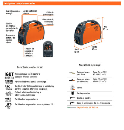 Soldadora inversora de 160 A Bi-voltaje 127/220 V con display digital y función TIG