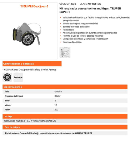 Kit respirador con cartuchos multigas