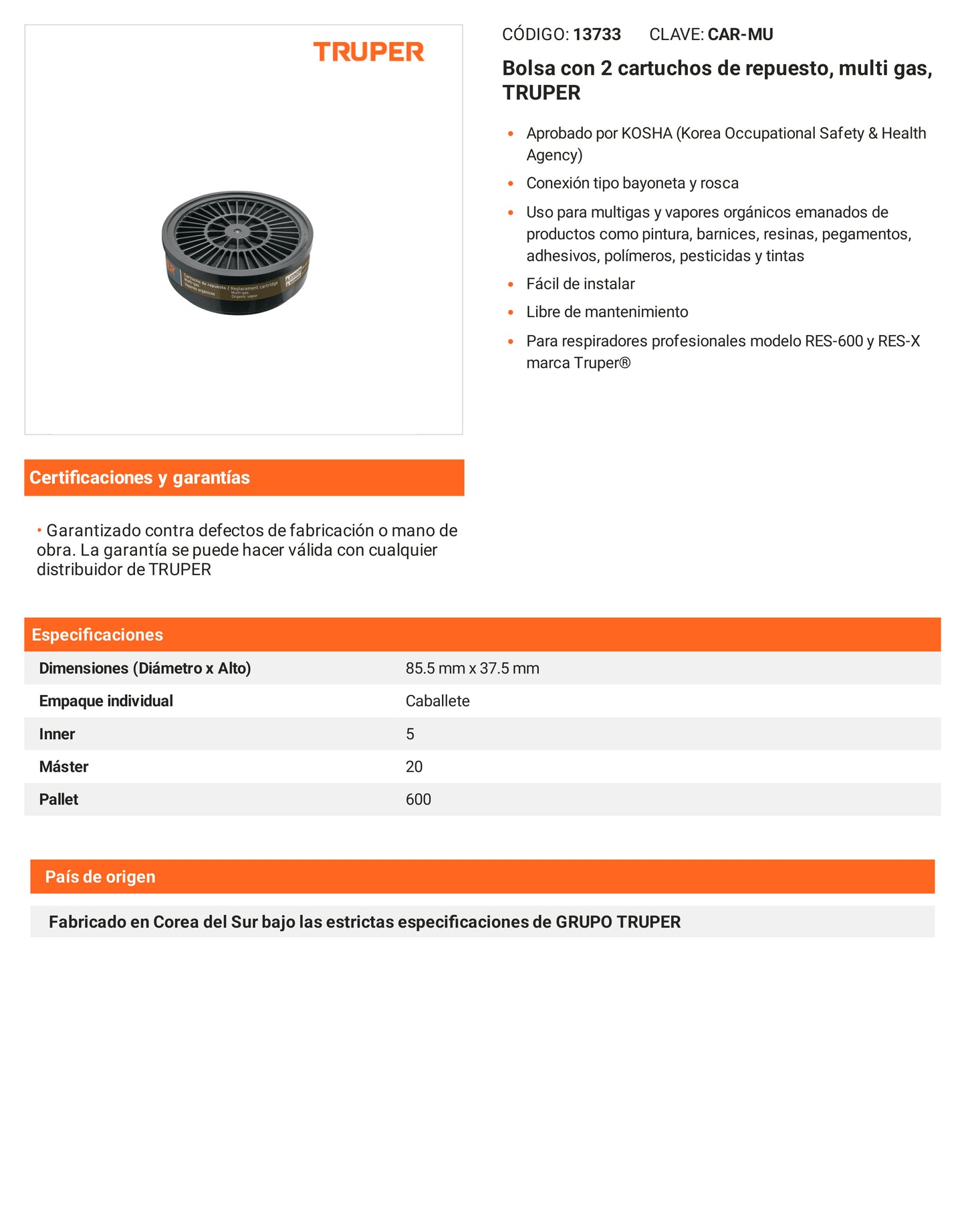Ficha tecnica - 2 cartuchos de repuesto multi gas - SKU 13733