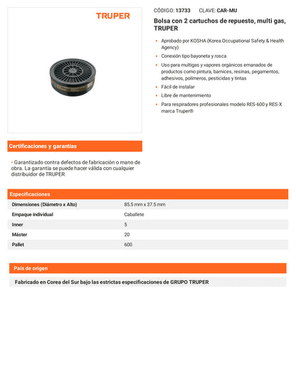 Ficha tecnica - 2 cartuchos de repuesto multi gas - SKU 13733