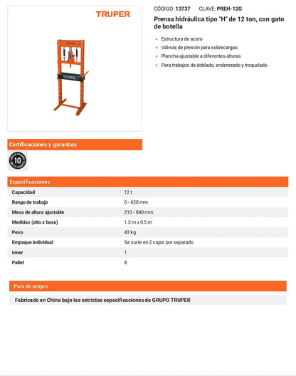 Prensa hidráulica H 12 ton gato
